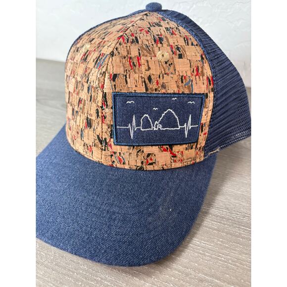 The Heartbeat Brand/ Merrell Cabo Blue Brown Cork Men's Trucker Hat- EUC - Picture 2 of 8